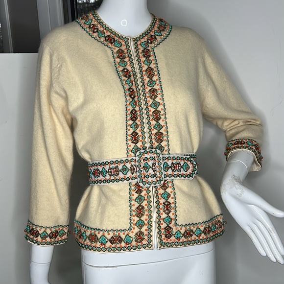 Elsie Tu Hong Kong Sz M Soft Wool Beaded Fully Lined Cardigan Sweater with Belt - Picture 1 of 14